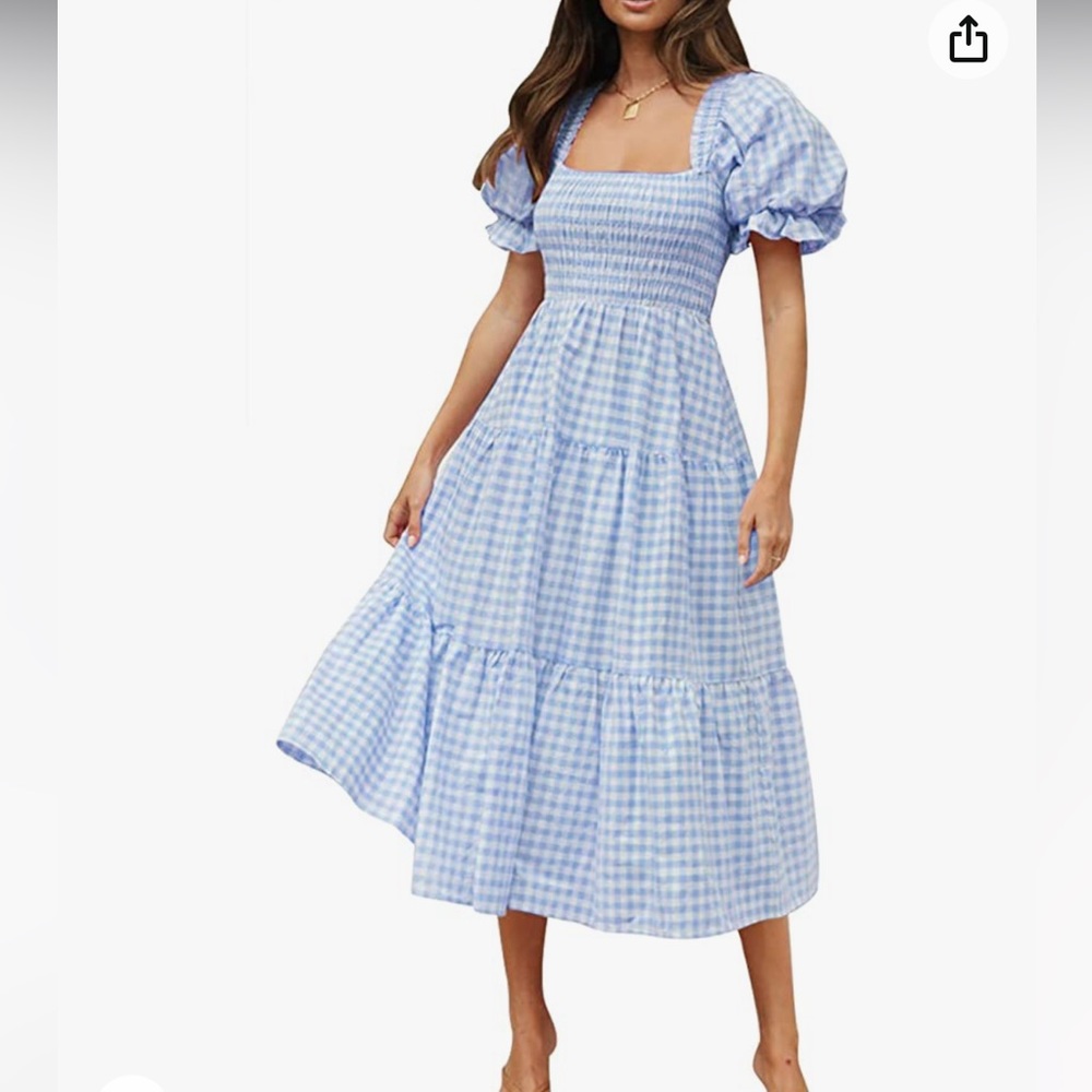 ZESICA  - Bohemian Plaid Square Neck Puff Sleeve Ruffle Flowy Midi Dress